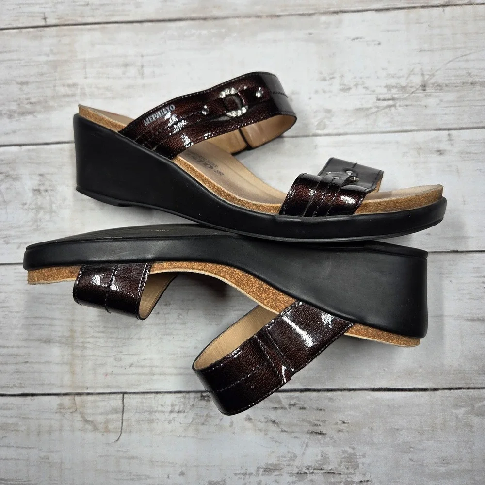 Mephisto Air-Relax Nalade Wedge Sandal Slide Brown Patent Leather Womens 38